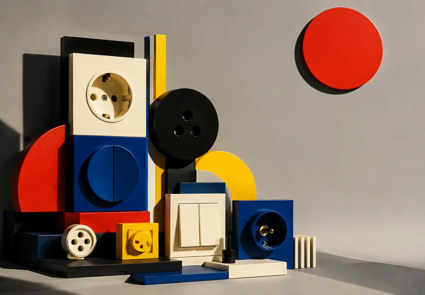 Composición de interruptores y tomas reducidos a círculos, cuadrados y bloques de colores primarios
